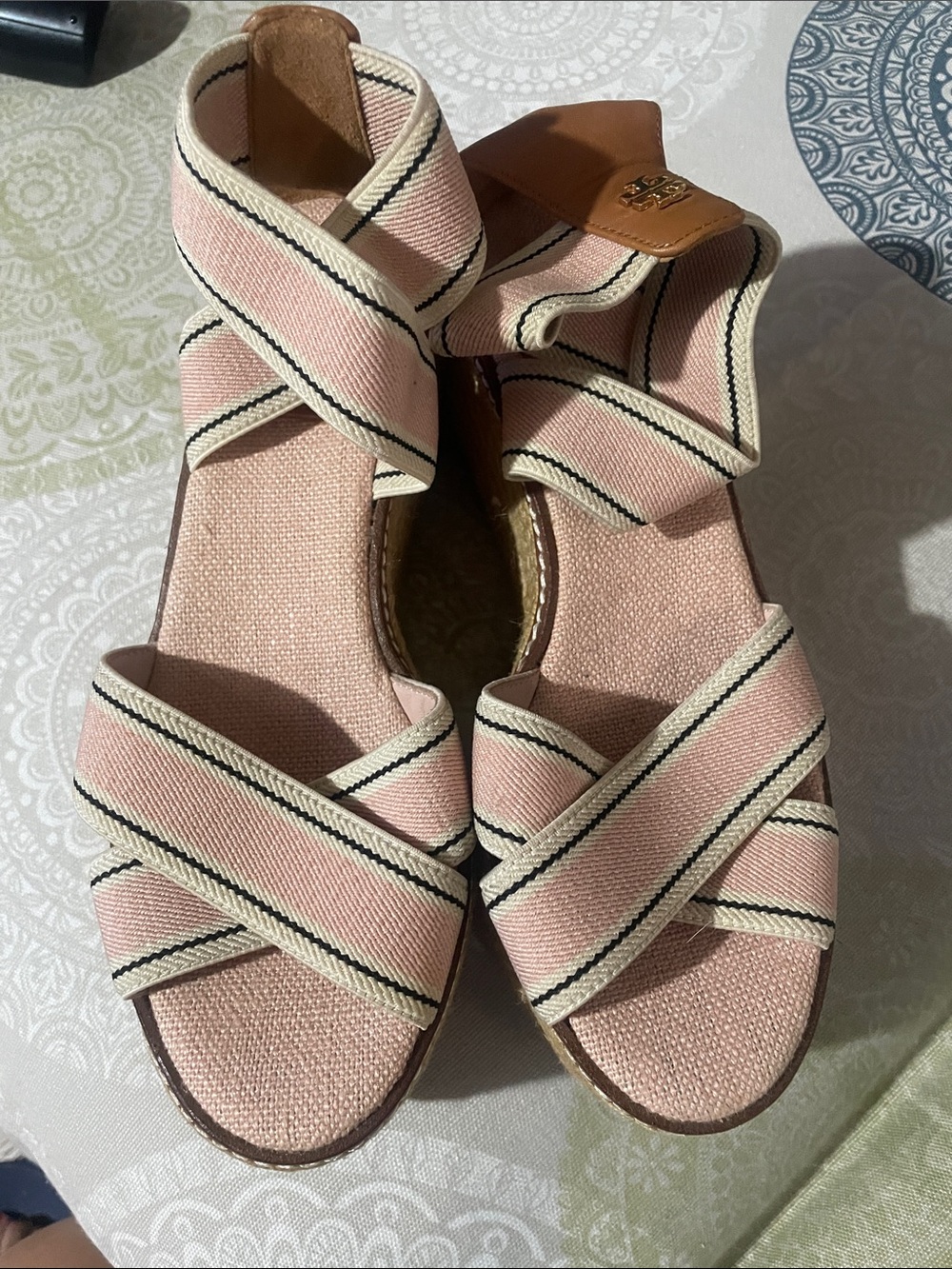 Tory Burch Pink Striped Canvas Espadrille Wedge Sandals